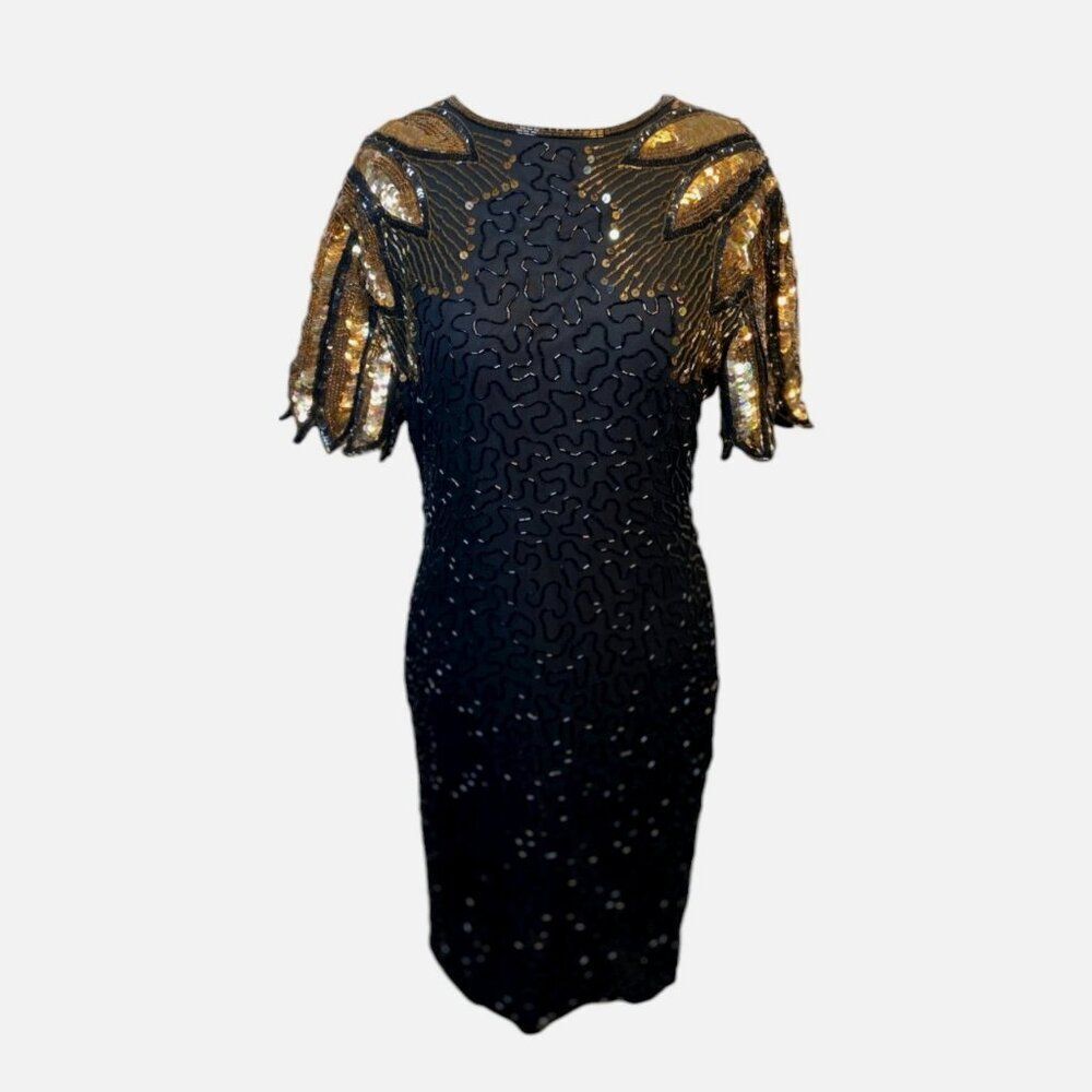 Vintage 90s D'Albert Silk Beaded Sequin Dress 10 M Cocktail Party LBD Mob Wife - Picture 7 of 14